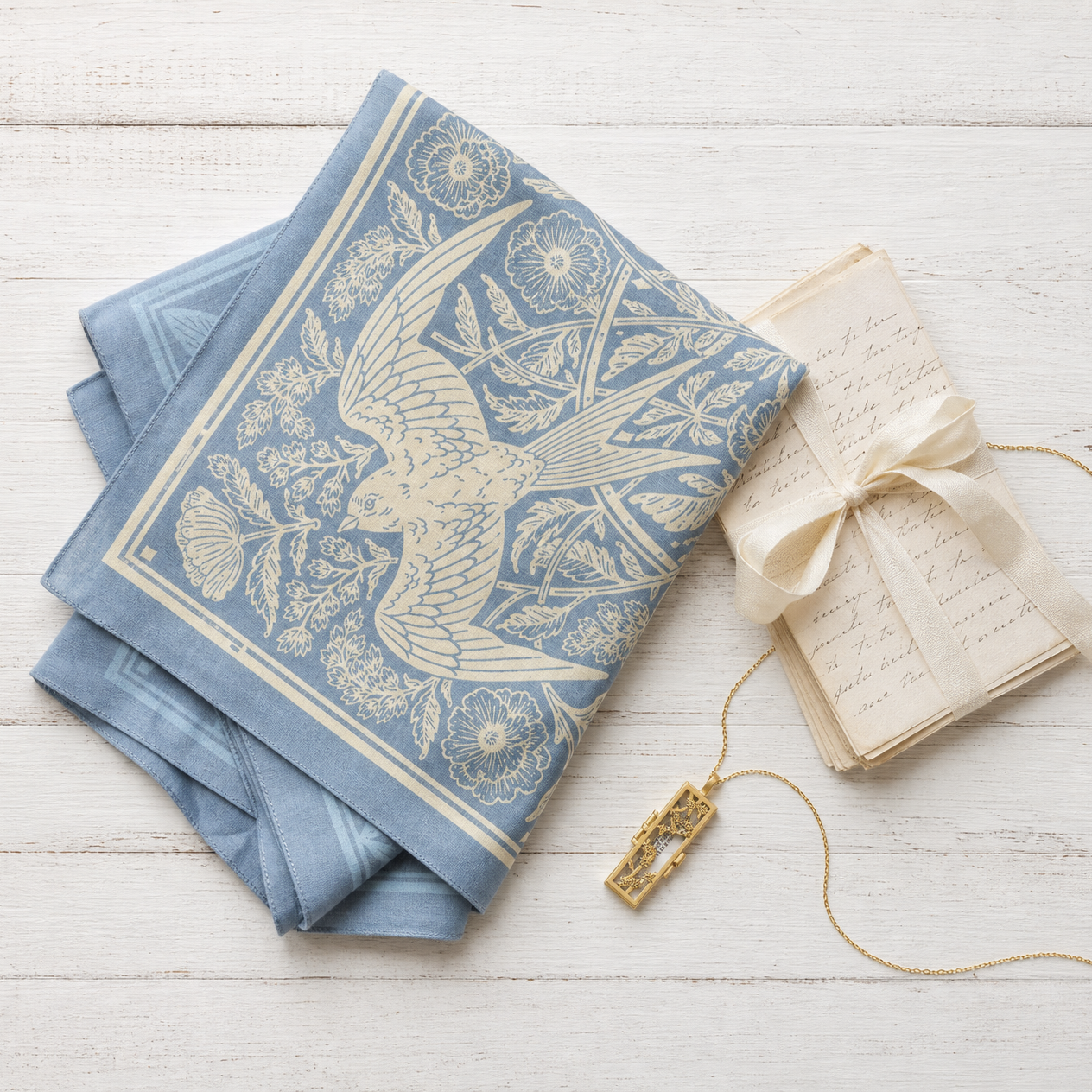 Something blue handkerchief — barn swallow design by Kate O'Hara, hand screen-printed on lightweight cotton.