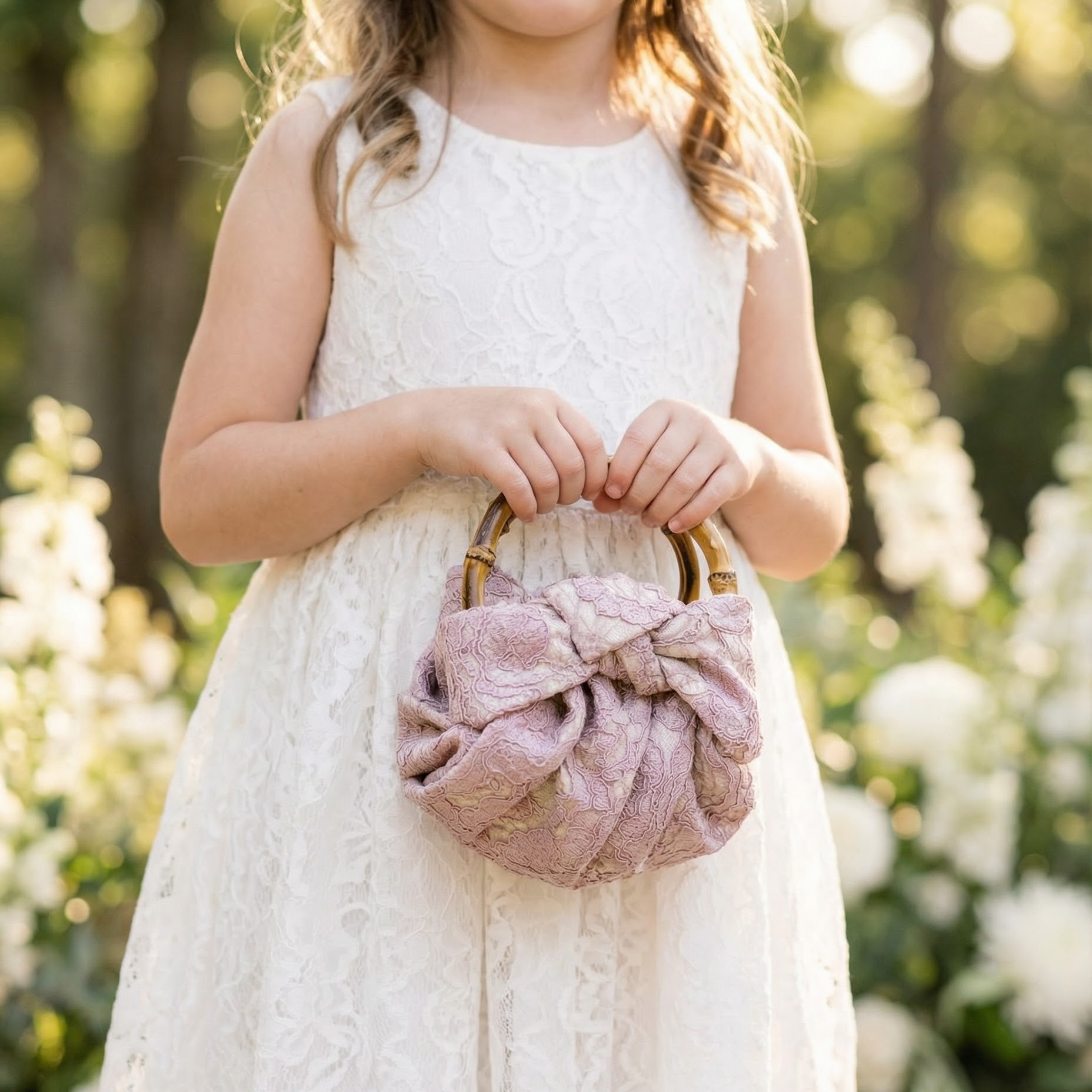 Young girl in a white dress holding a pink knotted handbag outdoors.