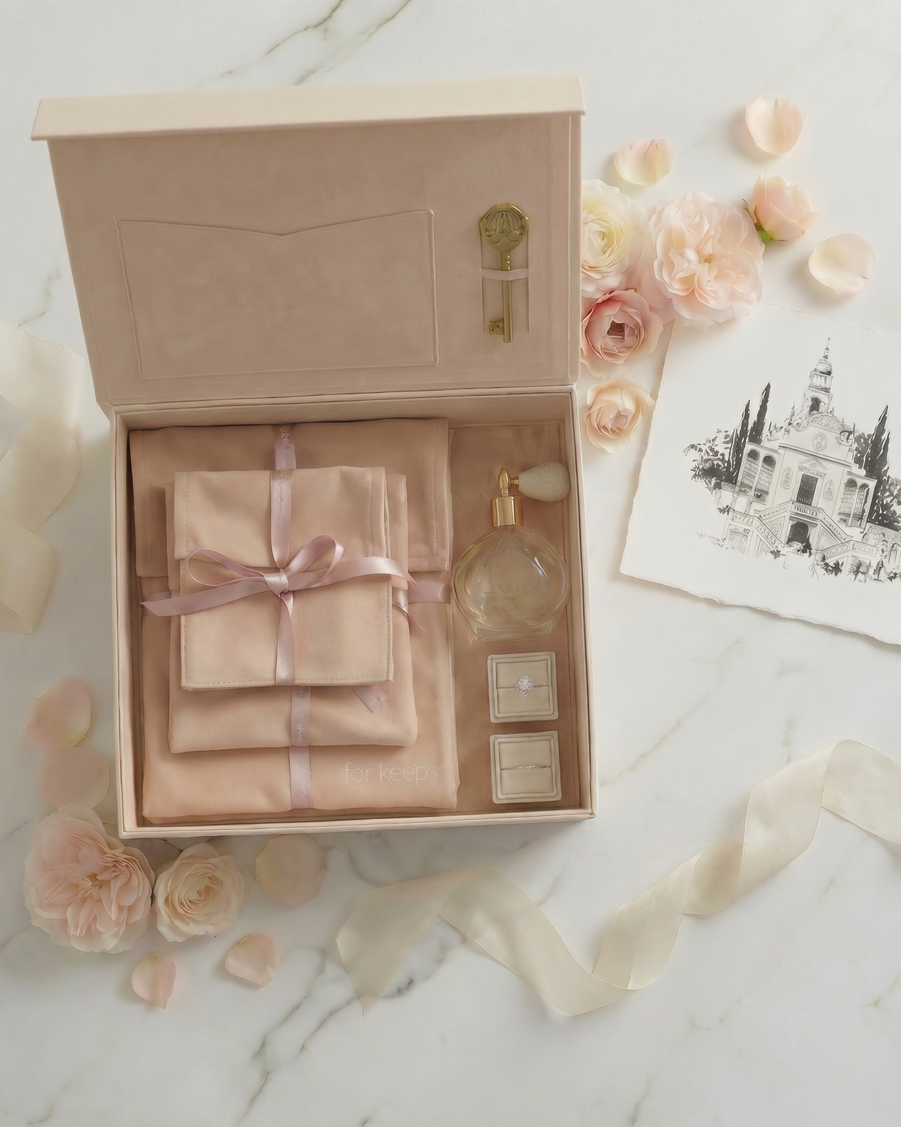 Linen covered heirloom keepsake box by For Keeps with suede keepsake pouches, a ring box and a perfume bottle.