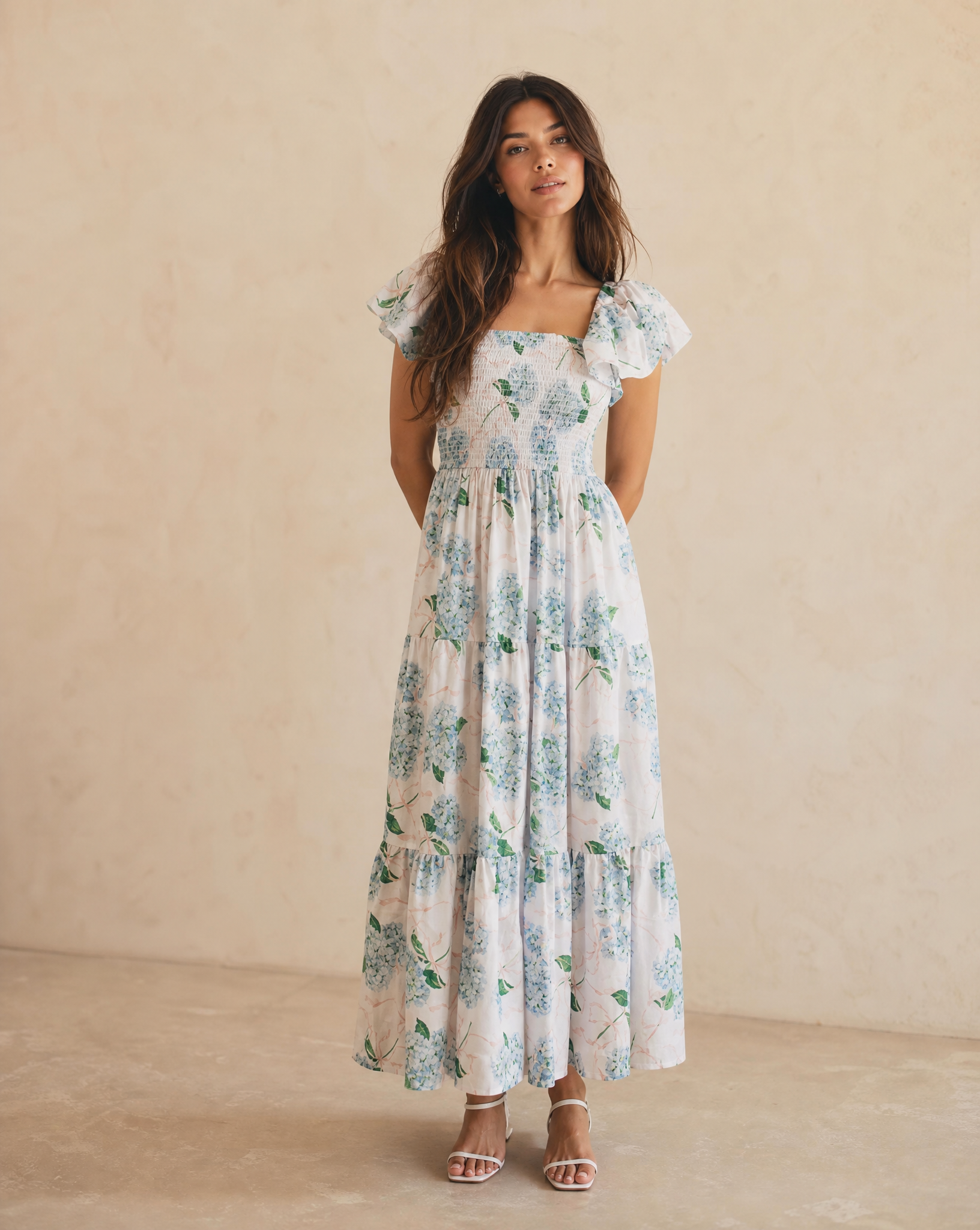 maxi flutter-sleeve pajama dress with pockets and blue hydrangea detail