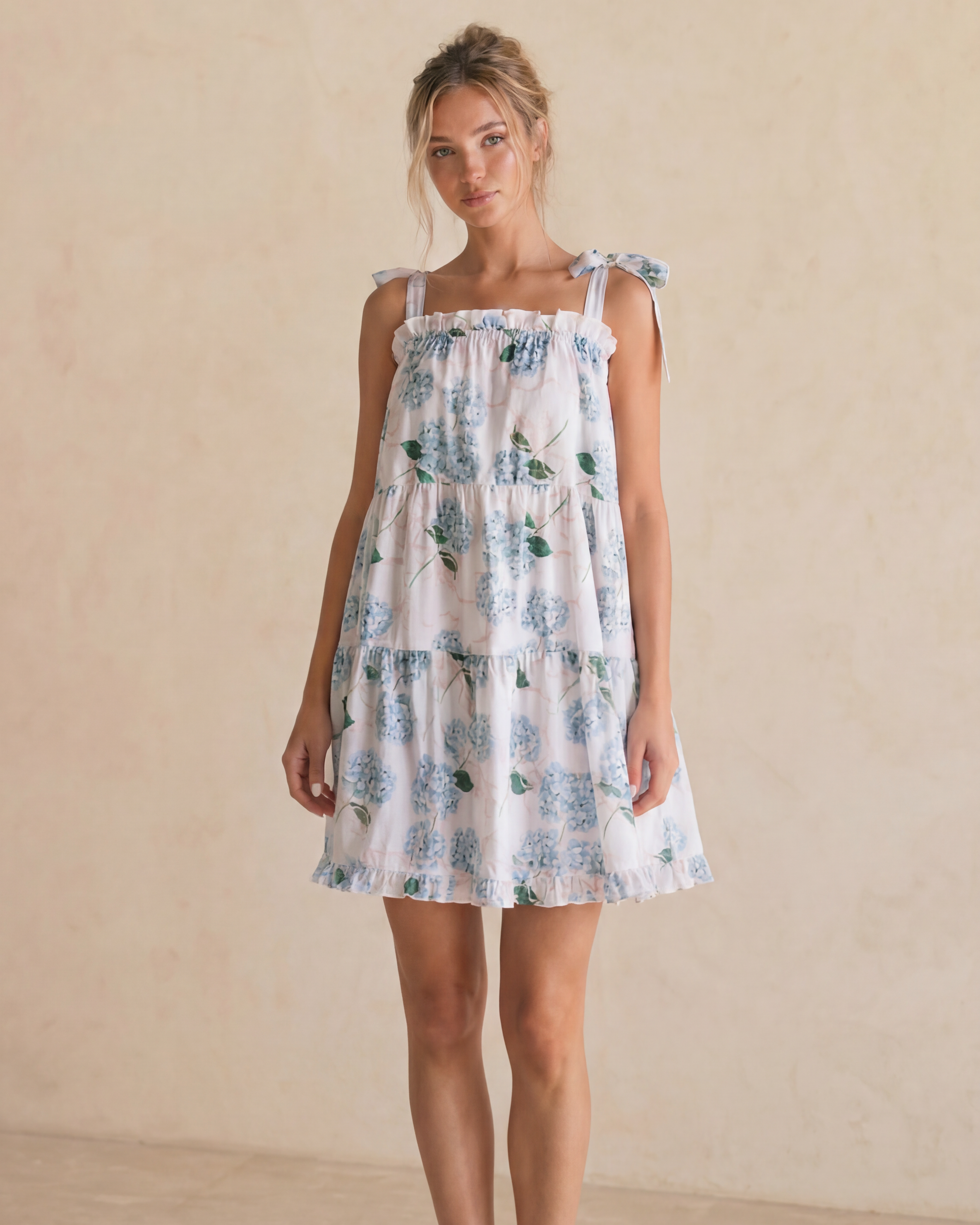 The Hydrangea Set mini flutter-tie pajama dress in Hydrangea Ribbons print