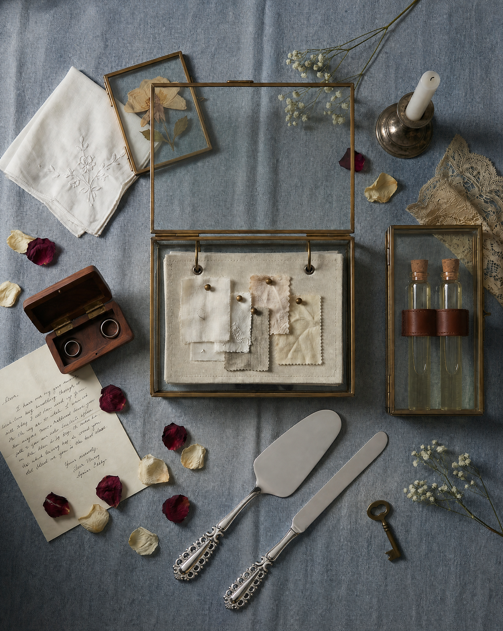 Decorative wedding flat laywith jewelry box, glass display cases, and vintage items on a textured surface.