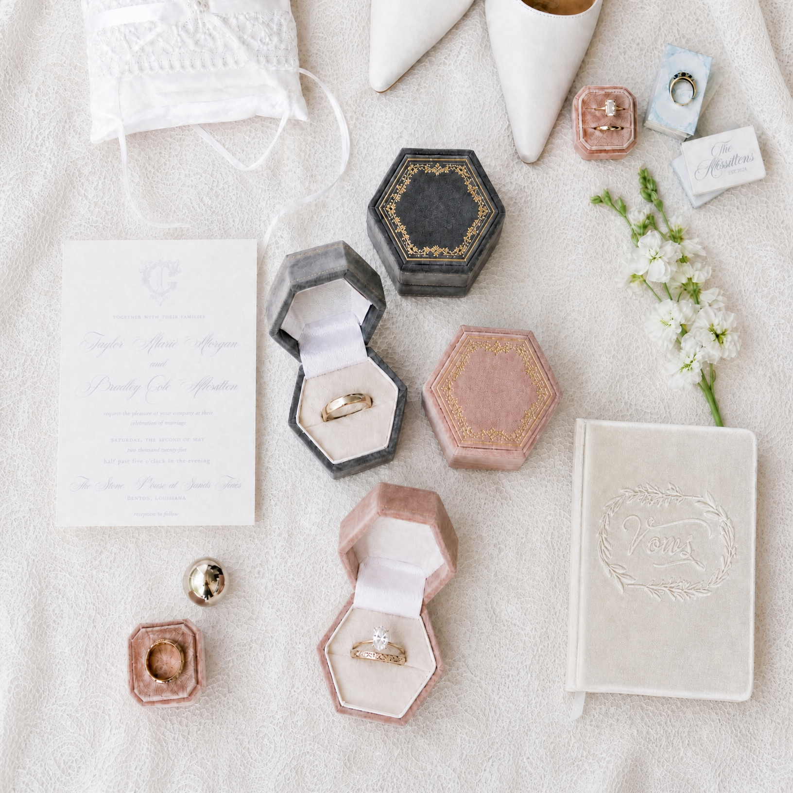 Antique Rose velvet and antique slate hexagonal ring box with gold foil scrollwork on the lid and edges, shown open and closed.