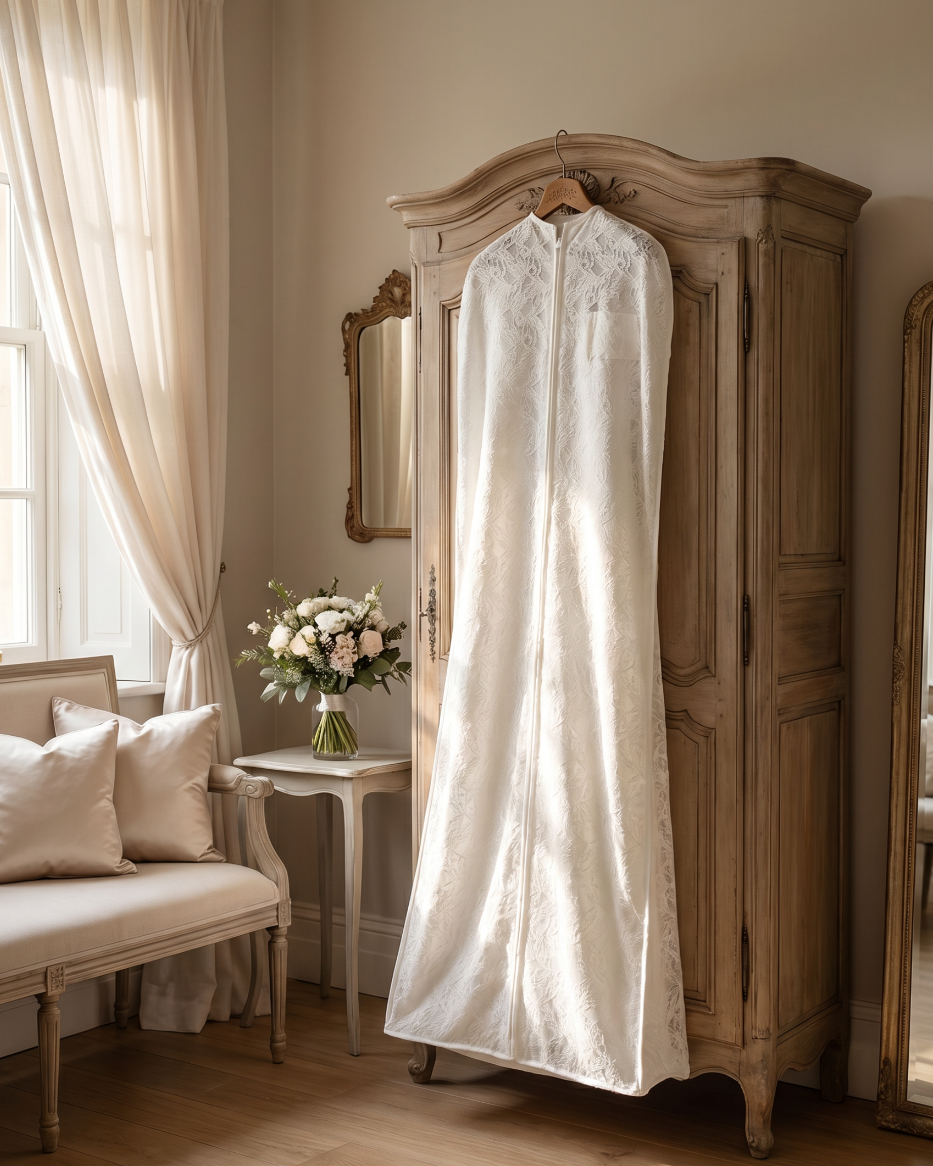 Mariée luxury lace bridal garment bag hanging cleanly to show full 72-inch length and silhouette.