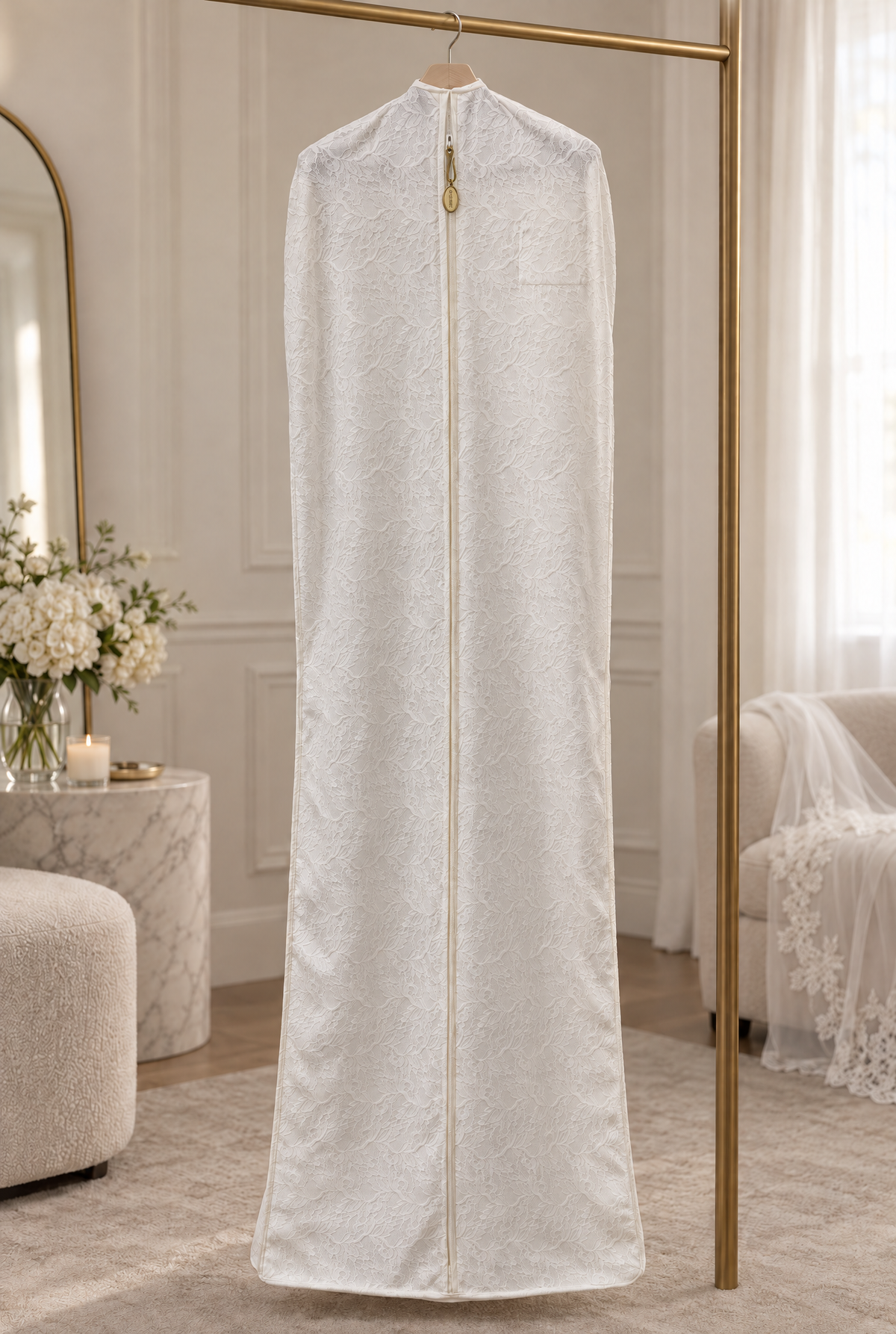 The Mariée ivory lace bridal garment bag hanging in a bridal suite, with a brass wedding date charm on the garment bag zipper