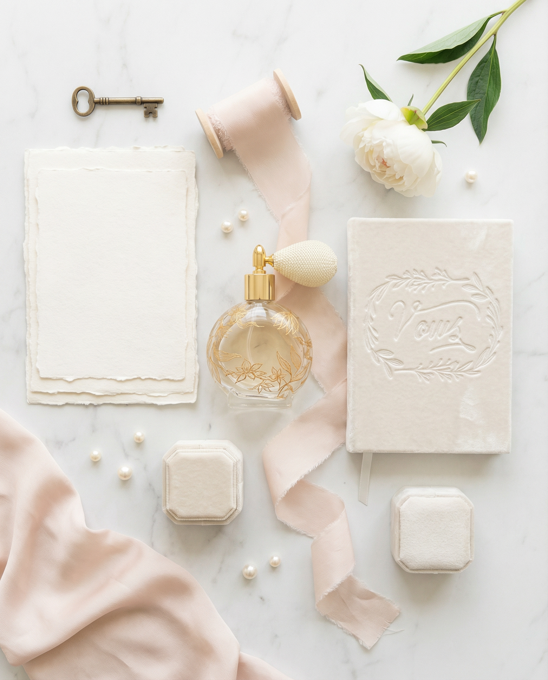 The Aesthete wedding heirloom starter kit by For Keeps featuring a hand-etched glass perfume bottle, champagne velvet ceremony vow book, matching velvet ring box, blush silk drape, handmade deckle-edged paper, and silk ribbon spool on Carrara marble