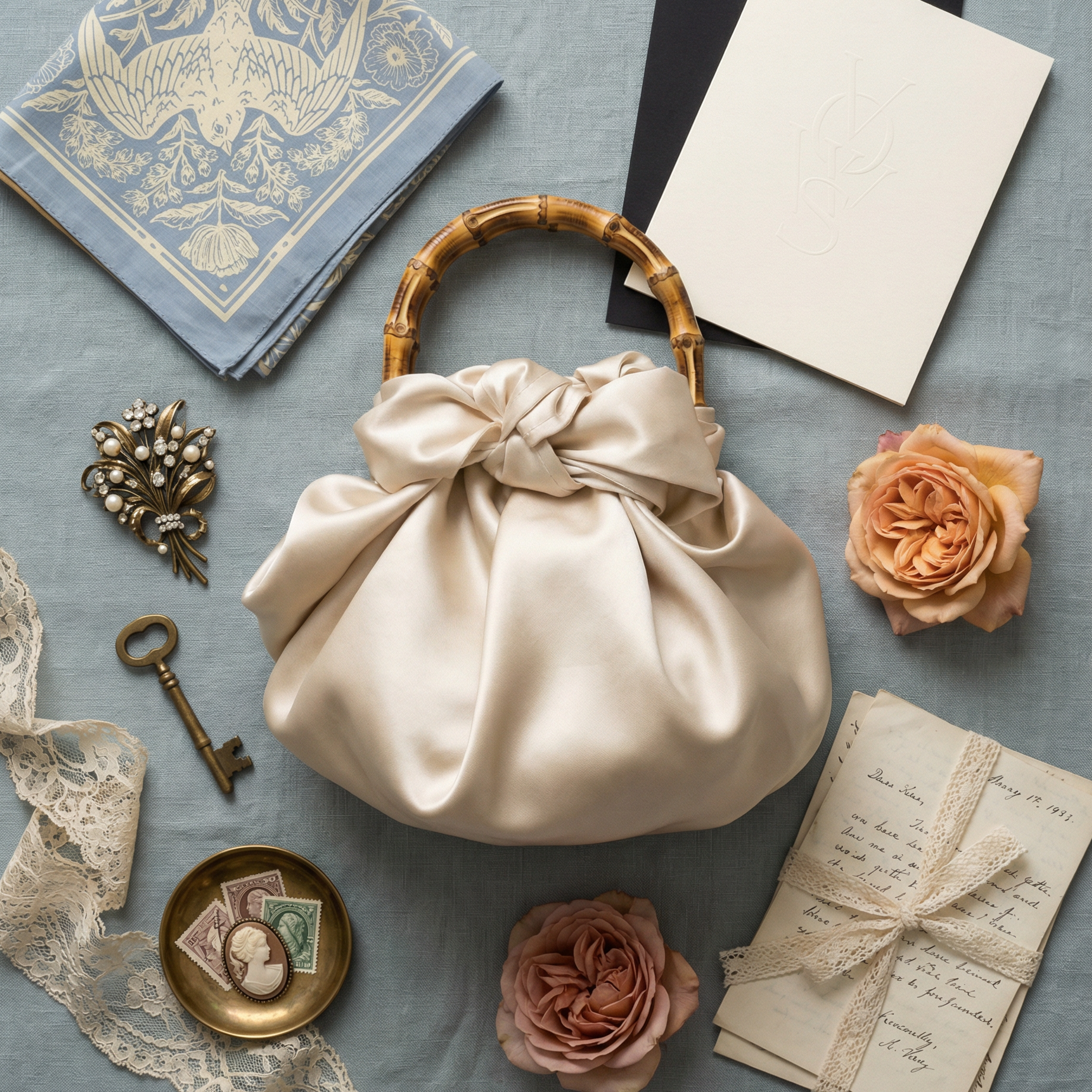 The Sentimentalist wedding heirloom starter kit by For Keeps featuring the Our Story journal, velvet vow book, antique silver heirloom cake knife and server set, hand-carved olive wood cork stopper, dried wildflower bouquet, and brass key on soft natural linen