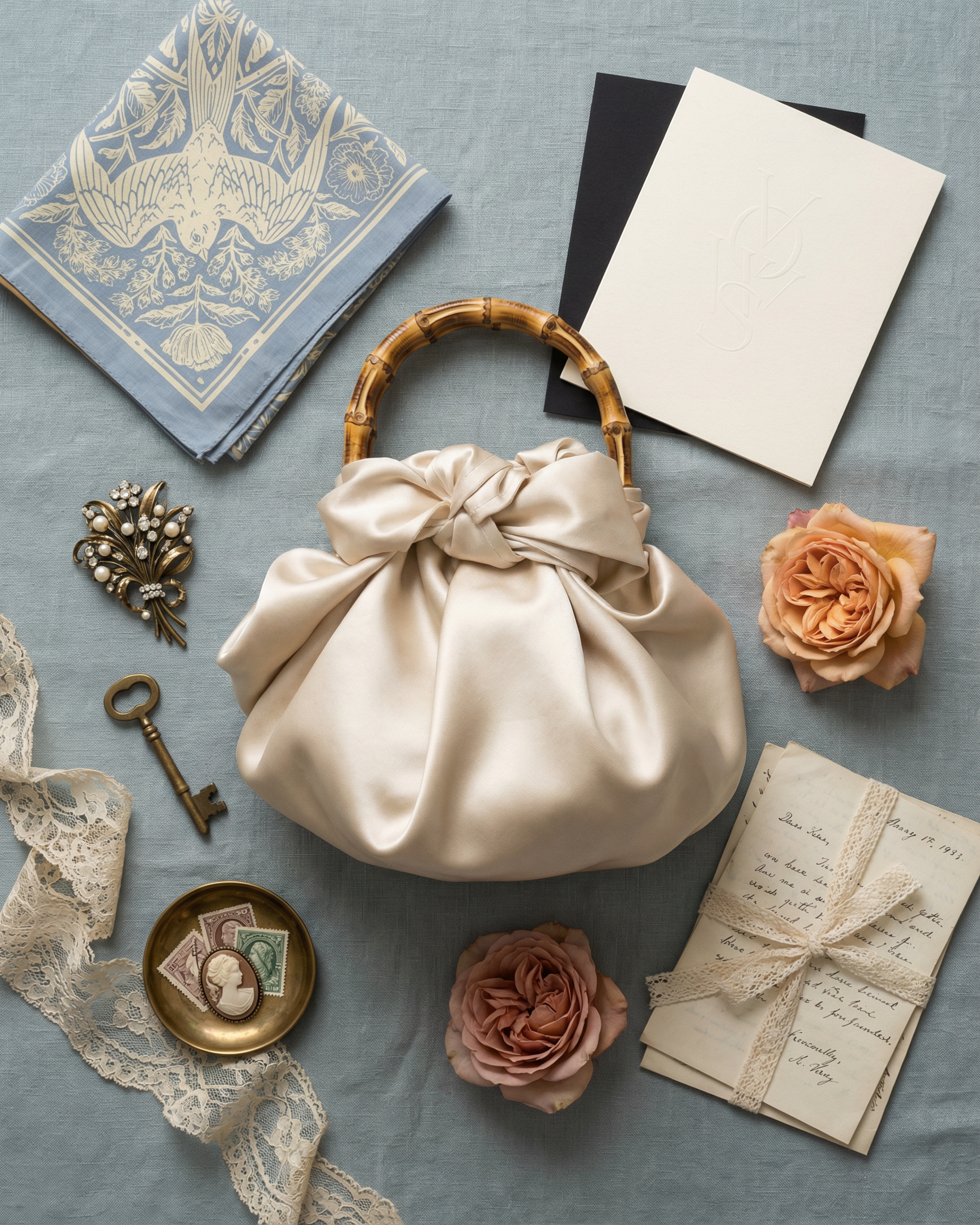 The Sentimentalist wedding heirloom starter kit by For Keeps featuring the Our Story journal, velvet vow book, antique silver heirloom cake knife and server set, hand-carved olive wood cork stopper, dried wildflower bouquet, and brass key on soft natural linen