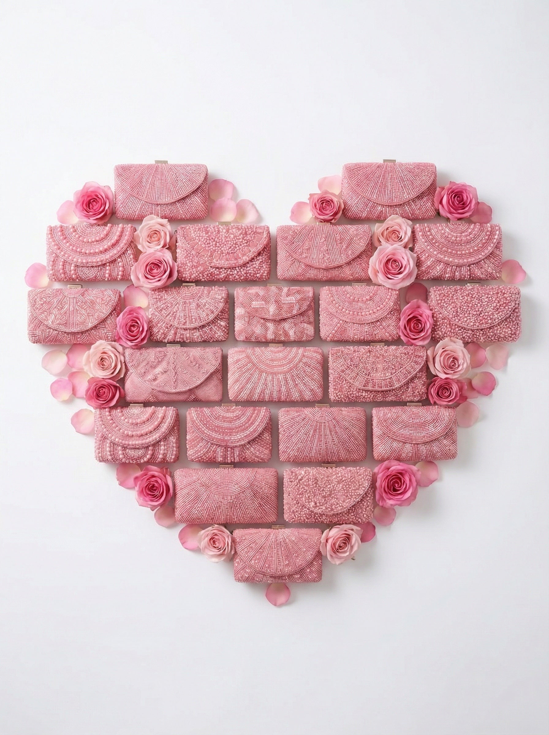 a heart made of pink beaded clutch bags