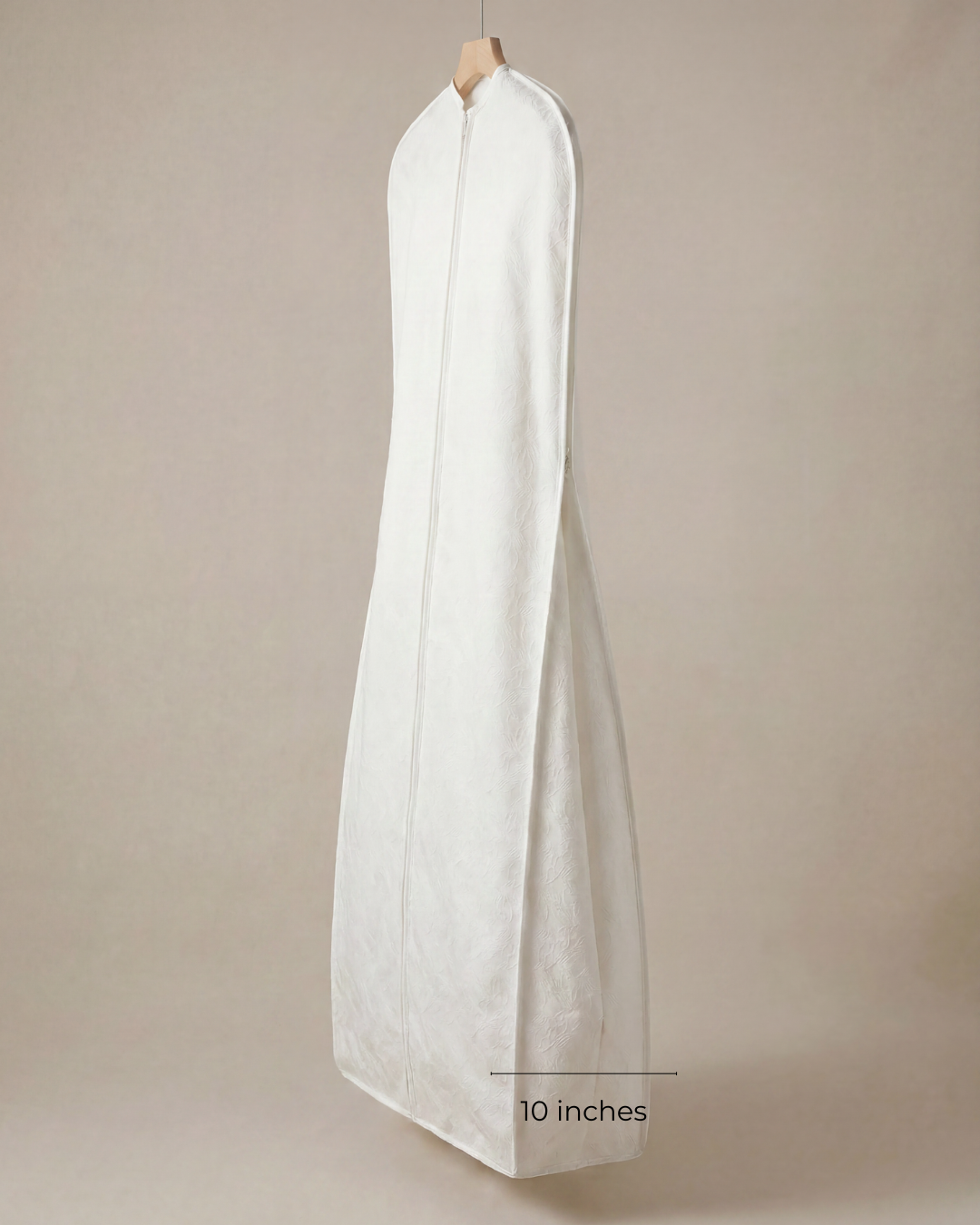 Side view showing the deep 10-inch gusset and structured bottom insert of a garment bag built for high-volume wedding dresses