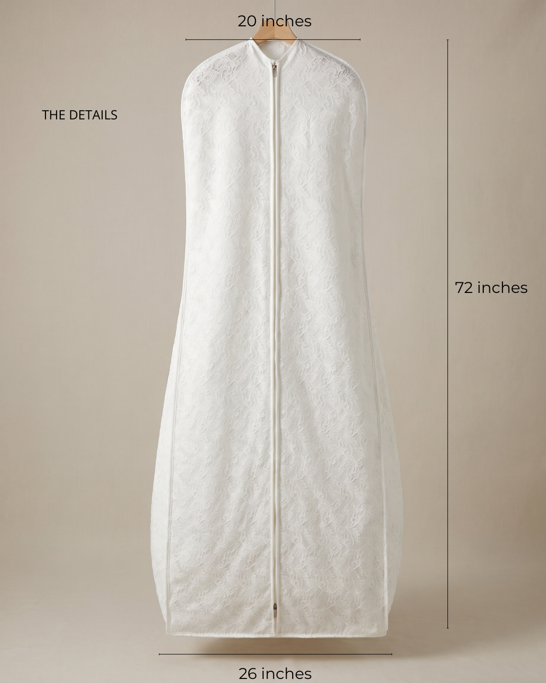 front view showing the length and width of a garment bag built for high-volume wedding dresses