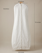 front view showing the length and width of a garment bag built for high-volume wedding dresses