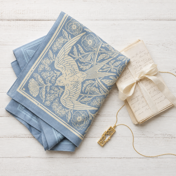 Something blue handkerchief — barn swallow design by Kate O'Hara, hand screen-printed on lightweight cotton.