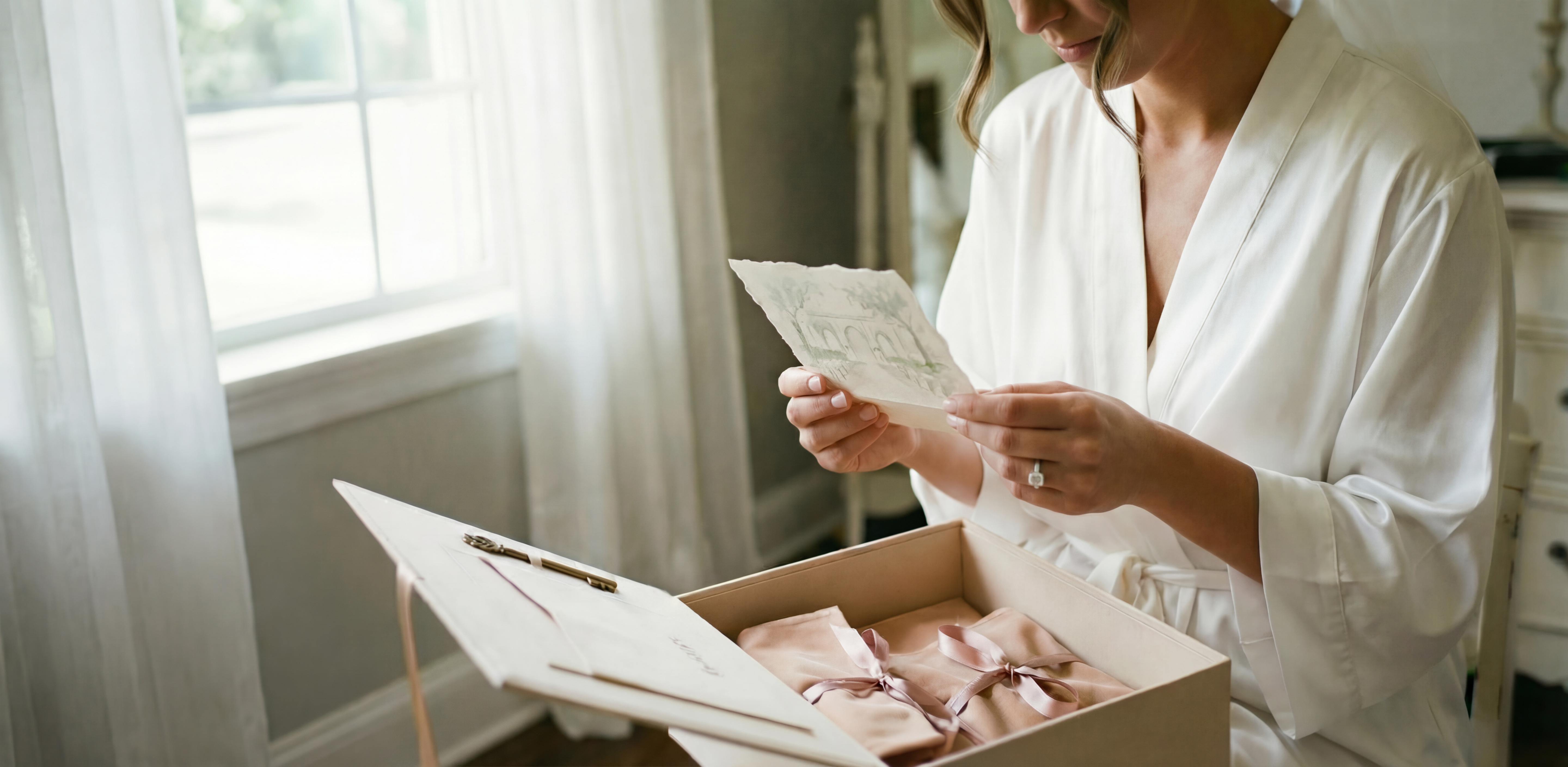 Woman in a white robe holding a letter in a room with a window and furniture.
