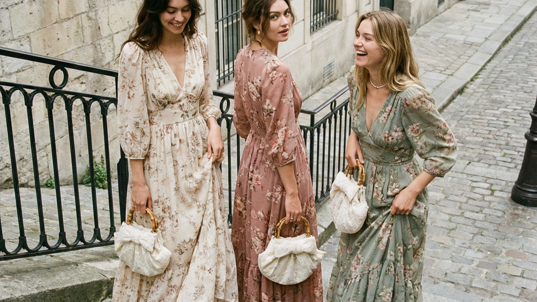 Three women in floral dresses standing on a Parisian street carrying petite pochettes in ivory bonded lace