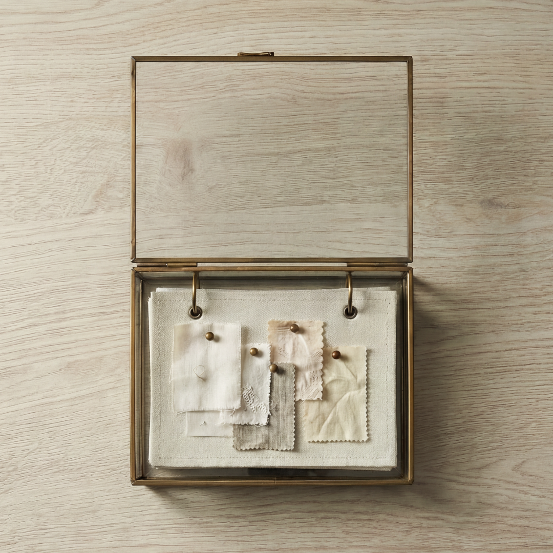 Fabric Swatch booklet set inside a glass and brass keepsake box with fabric samples attached with brass pins. by for keeps.