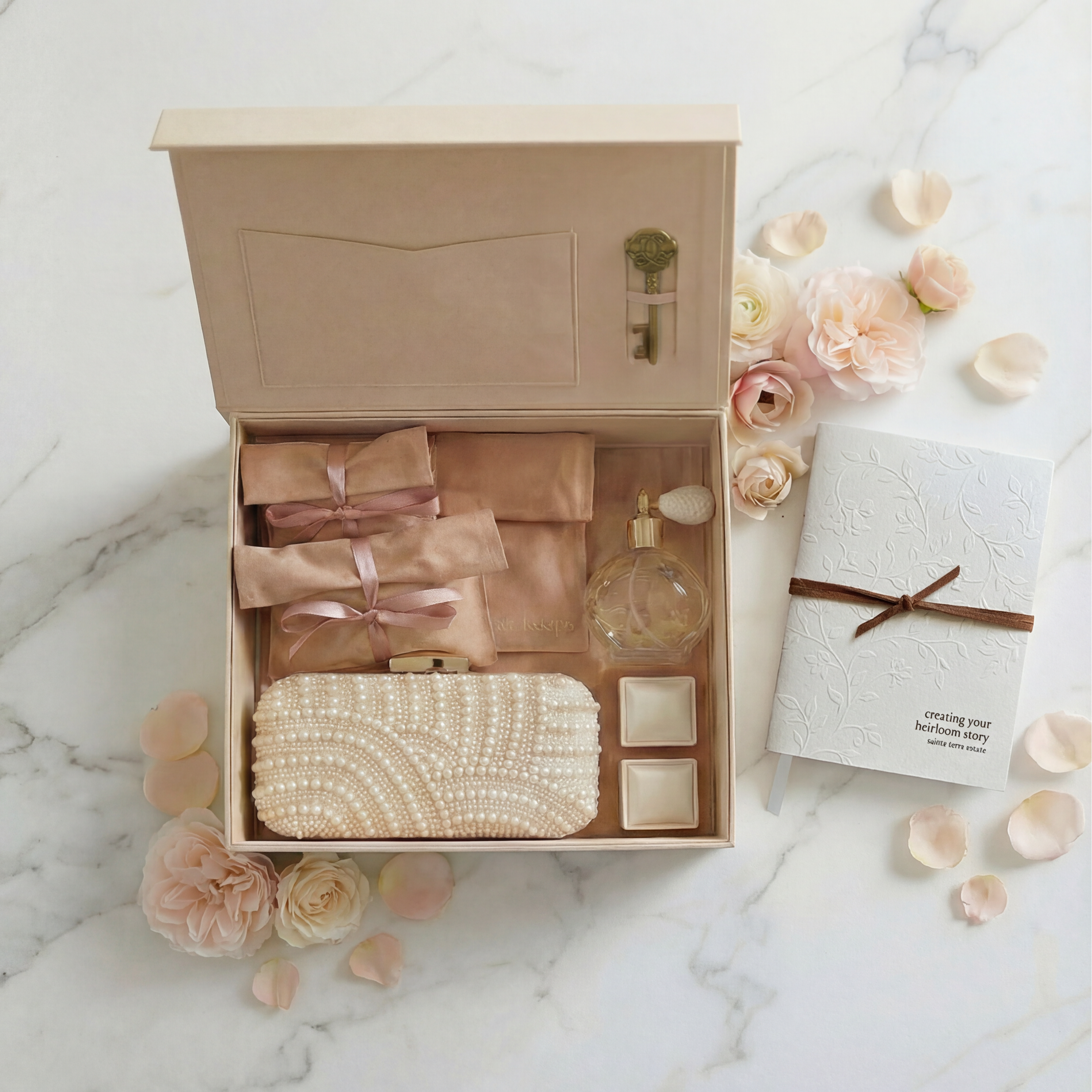 Gift set with decorative items on a marble surface