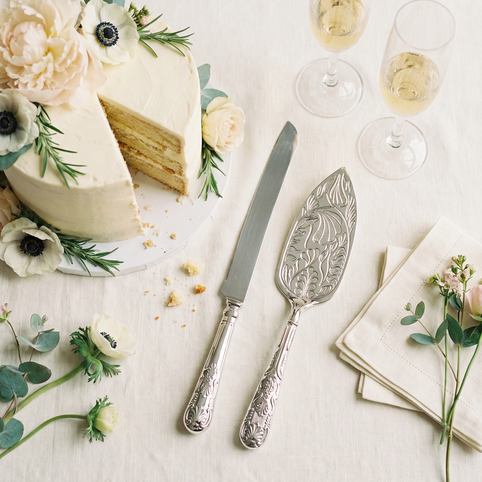 For Keeps heirloom wedding cake knife set with silver cake server, flowers, and glasses on a white tablecloth