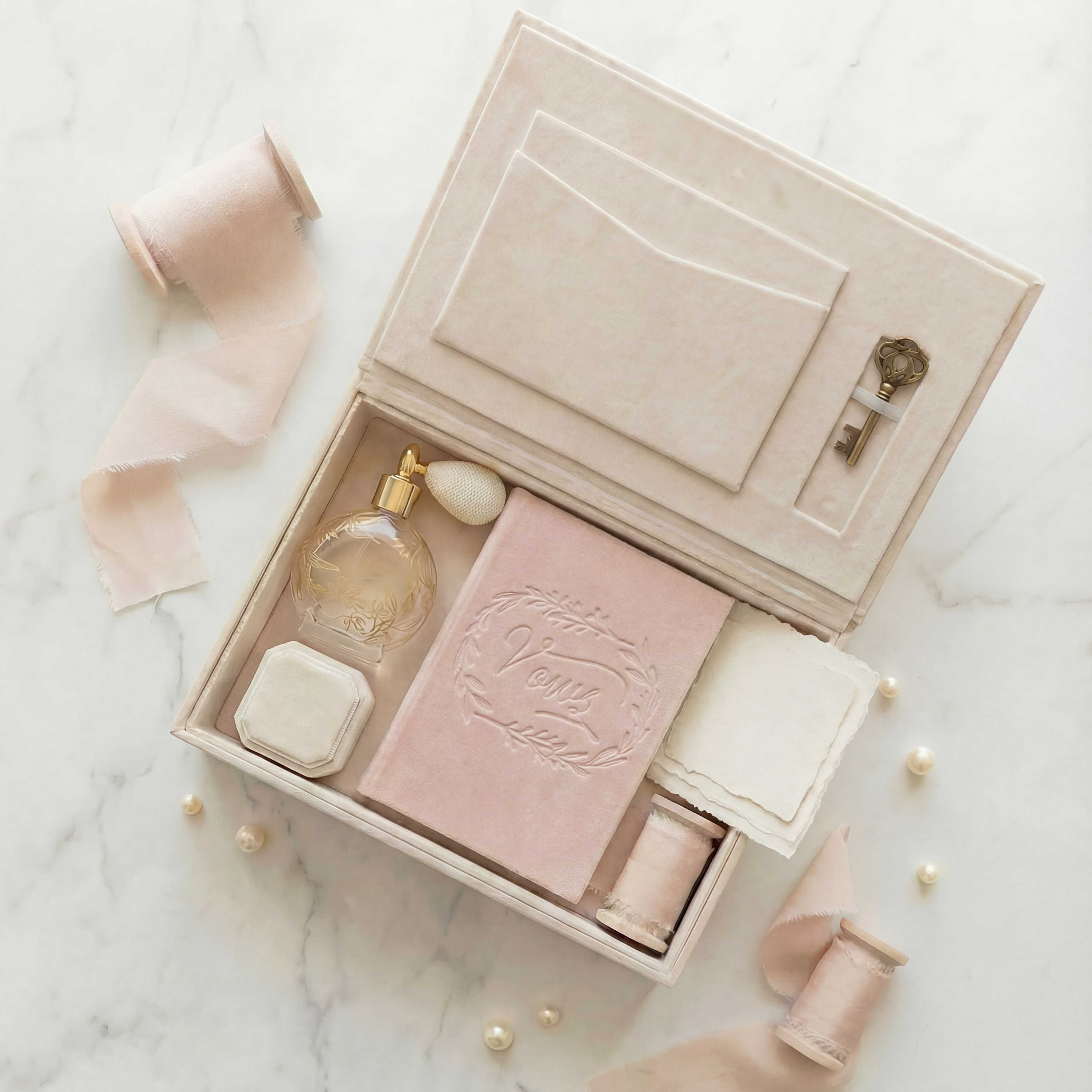 The EVR Heirloom wedding keepsake box covered in ivory linen, and filled with a perfume bottle, ring box, velvet vow book and ribbon spool