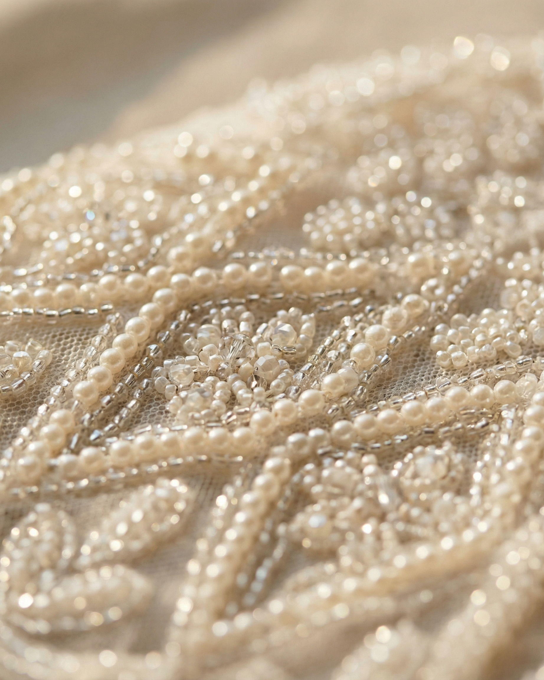 Close-up of beige embroidered fabric with pearl-like beads