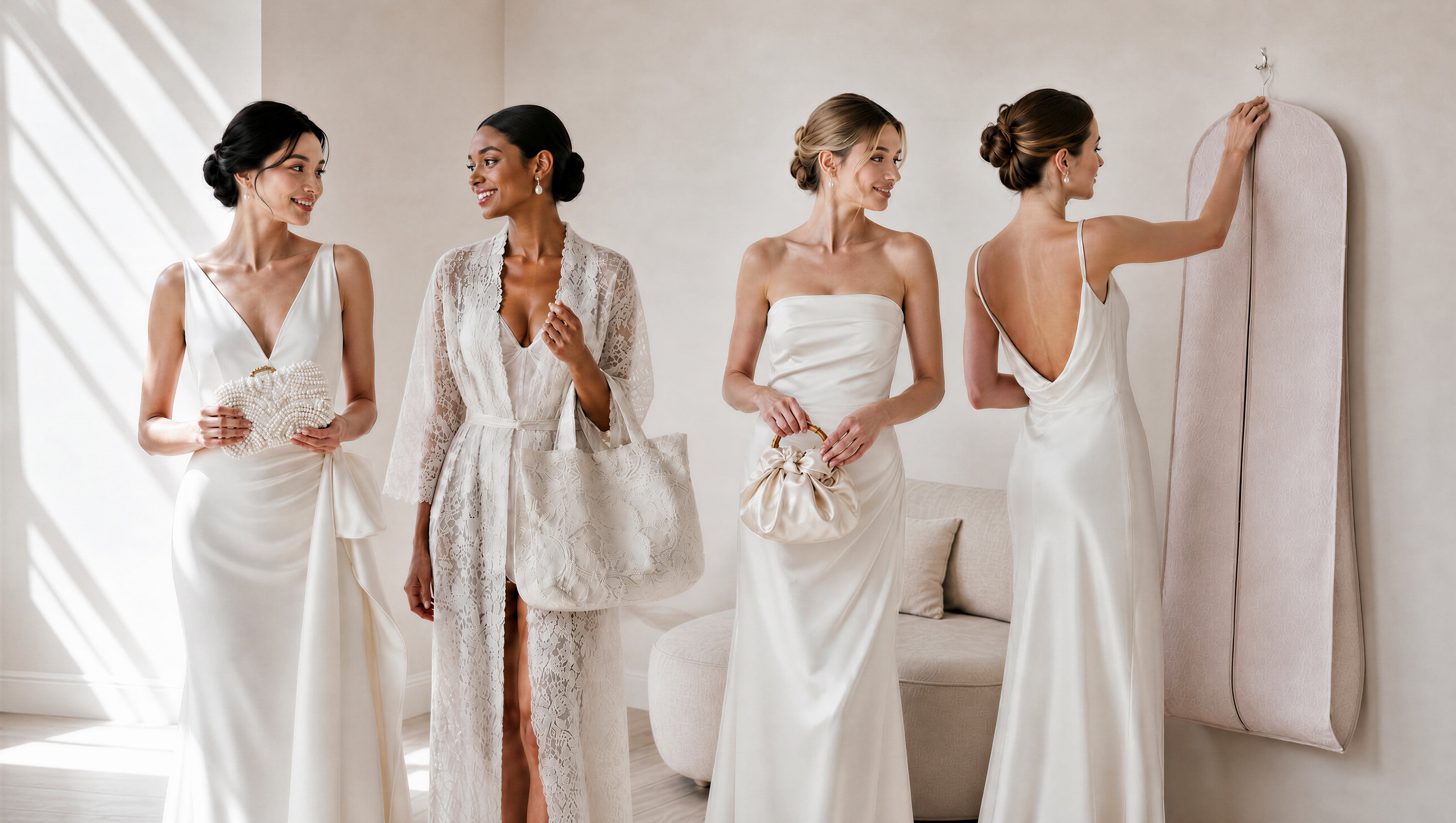 Four women in a bridal suite dressed in robes or dresses for a wedding. Each has a different bag from the For Keeps Carry Collection including a beaded clutch, lade tote, petite pochette and garment bag.