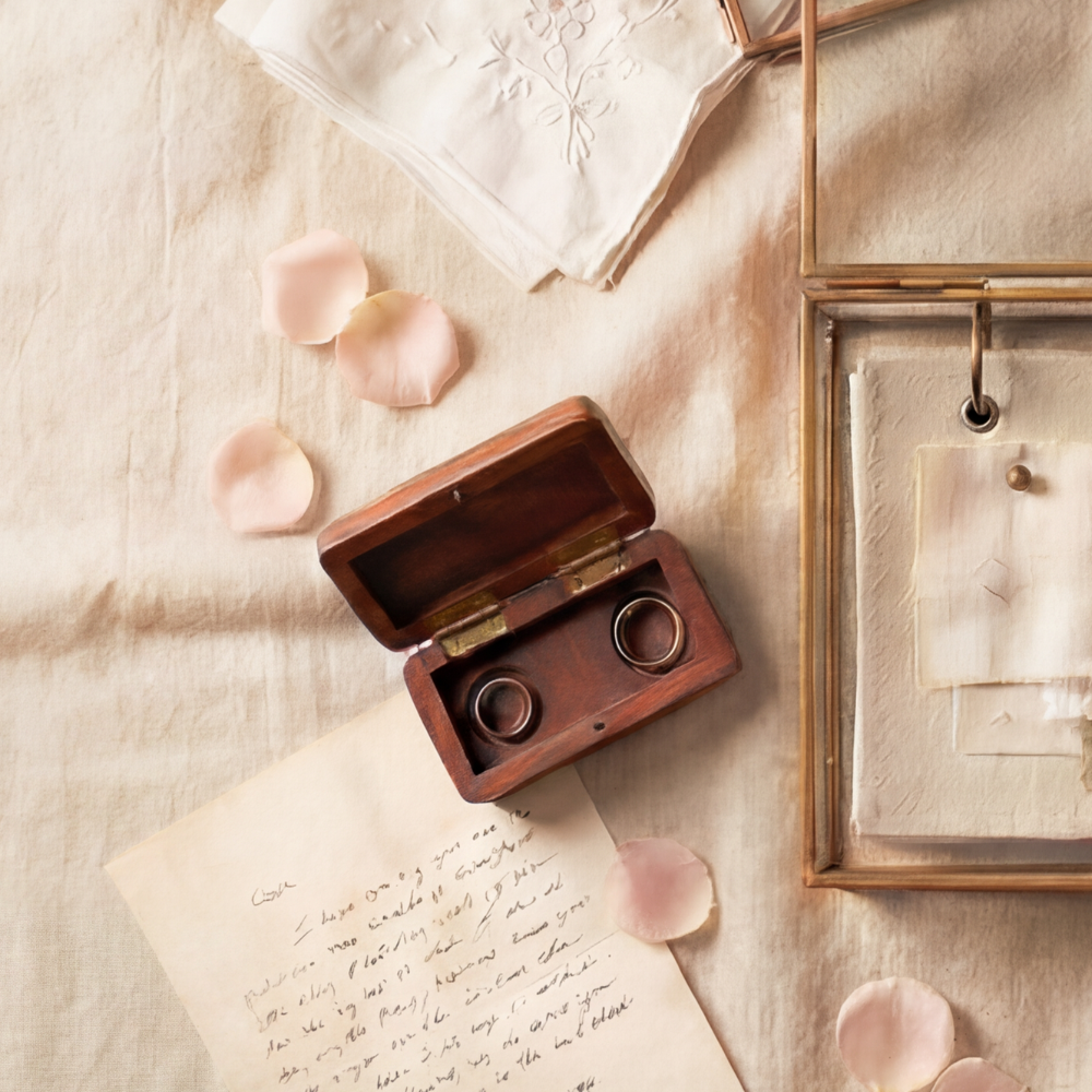 The For Keeps Ceremony Ring Box open in a wedding day flat lay with 2 rings on a linen surface