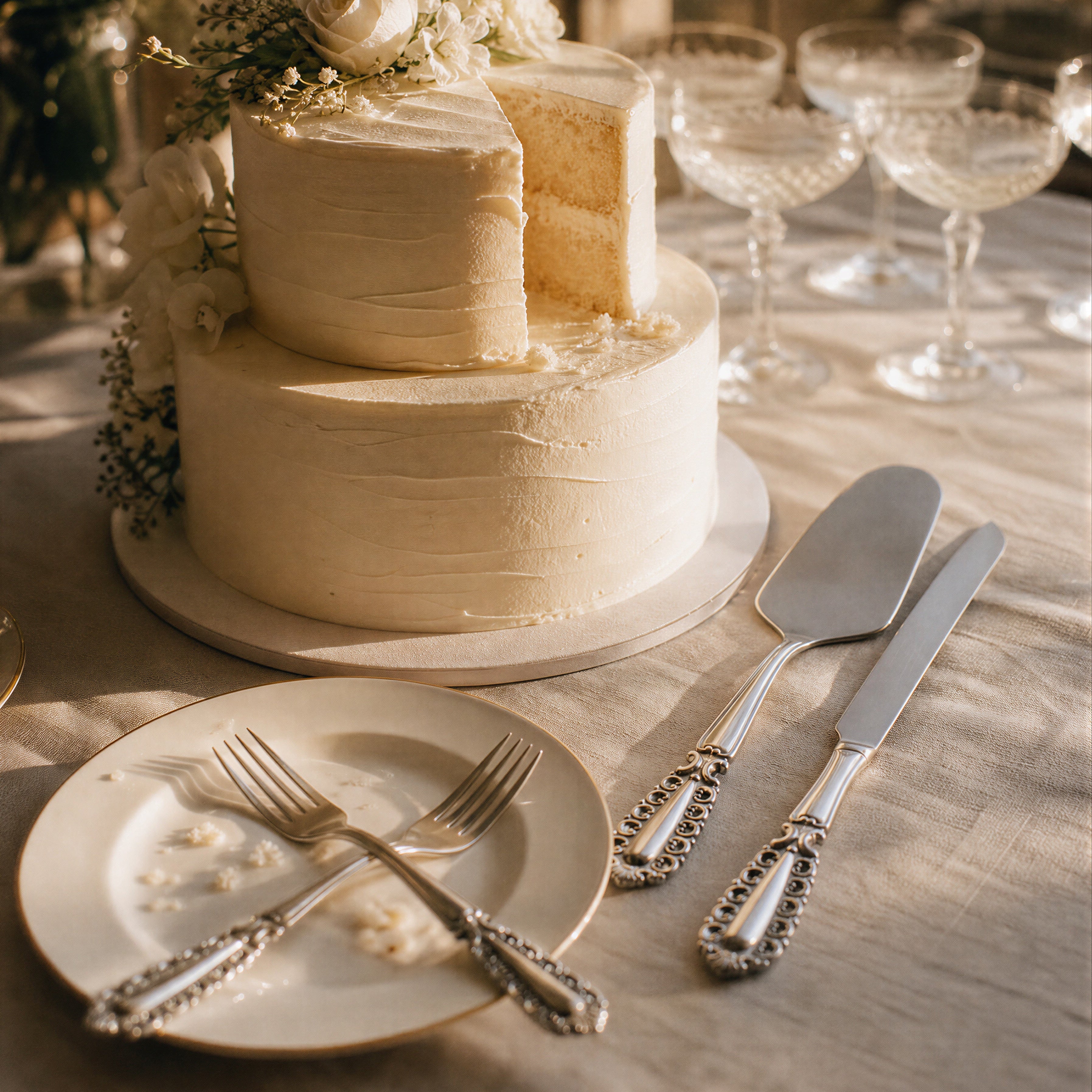Two-tiered white wedding cake with decorative flowers on a table set with plates, cutlery, and glasses.