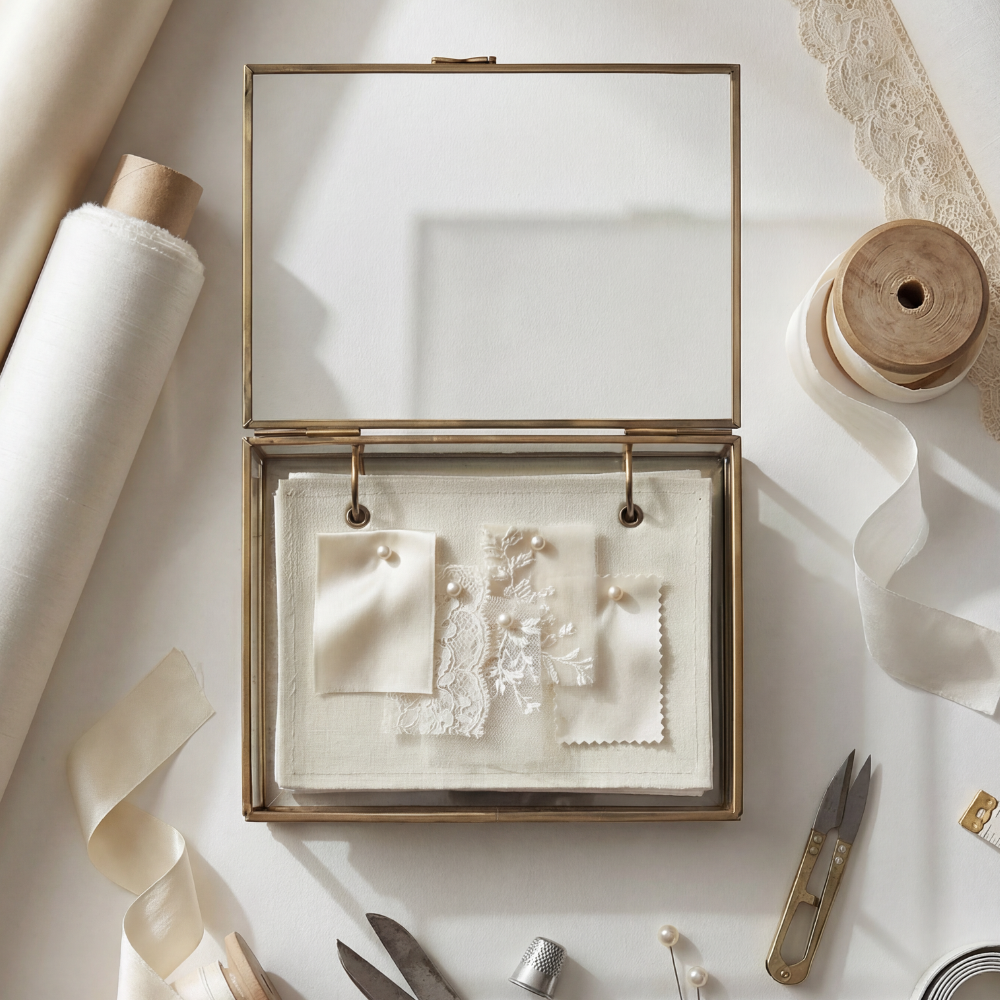 The Fabric Swatch Keep by For Keeps — a handmade brass and glass hinged keepsake box containing a linen-bound fabric swatch booklet with brass pin fasteners, shown open with wedding fabric swatches pinned inside, on dark ivory linen
