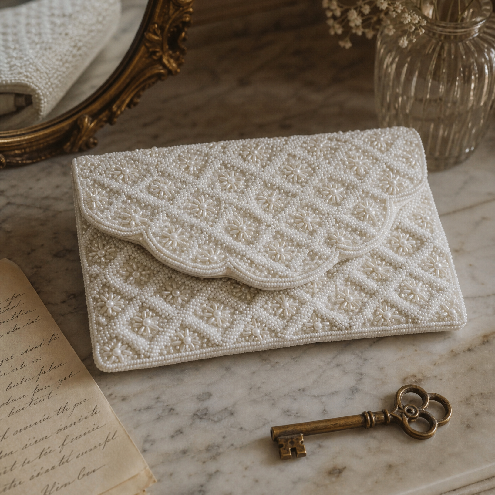 The For Keeps beaded scalloped clutch on a marble surface with brass skeleton key