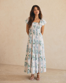 maxi flutter-sleeve pajama dress with pockets and blue hydrangea detail