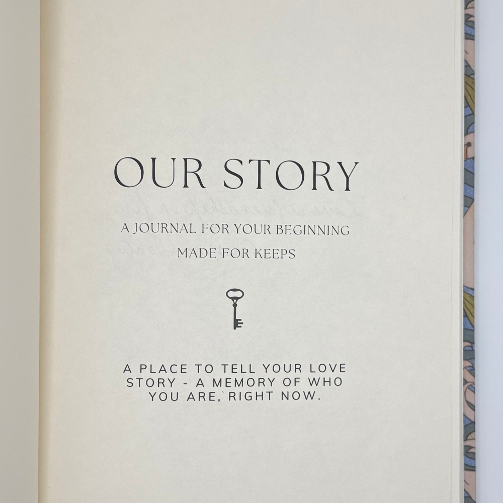Open book with text 'Our Story' on a white background