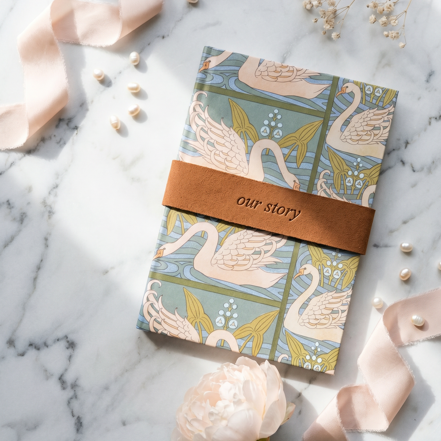 Notebook with swan design and 'our story' strap on marble surface with flowers and ribbons, by For Keeps