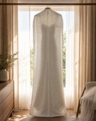 Heirloom lace wedding dress preservation bag hanging elegantly in a luxury venue bridal suite for morning-of photography.