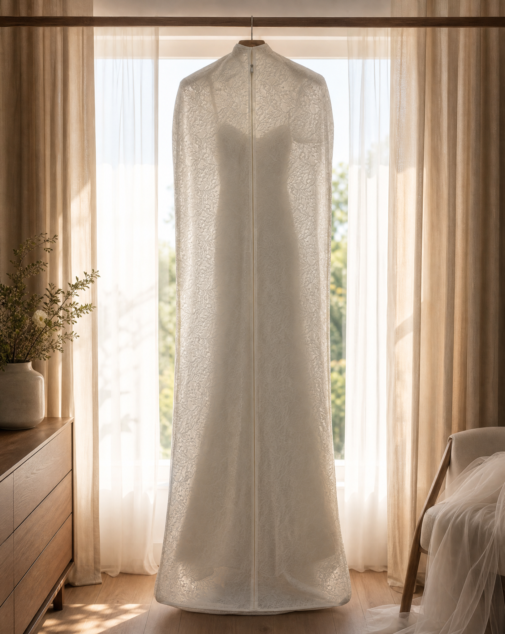 Heirloom lace wedding dress preservation bag hanging elegantly in a luxury venue bridal suite for morning-of photography.